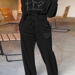 2 Pieces Outfit Rhinestone Graphic & Letter Pattern 3D Design Crop Drawstring Hoodie Sweatshirt and Casual Drawstring Elastic Waist Wide Leg Sweatpants Set