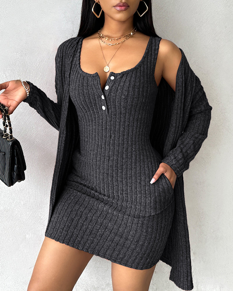 2 Pieces Outfit U-Neck Thick Strap Button Front Slim Fit Ribbed Knit Dress and Casual Long Sleeve Pockets Design Open Front Cardigan Coat Set - Image 4