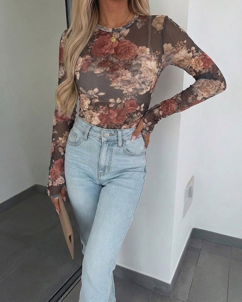 Women's Vintage Floral Print Sheer Mesh Top Long Sleeve Slim Fit Crewneck Layering Top with Thumb Hole Cuffs - Image 6