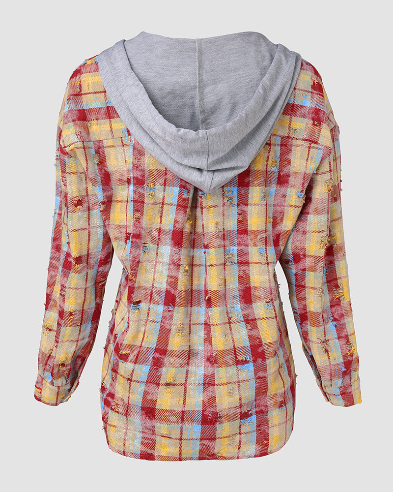 Colorblock Plaid Print Hooded Distressed Button Front Coat Shacket - Image 9