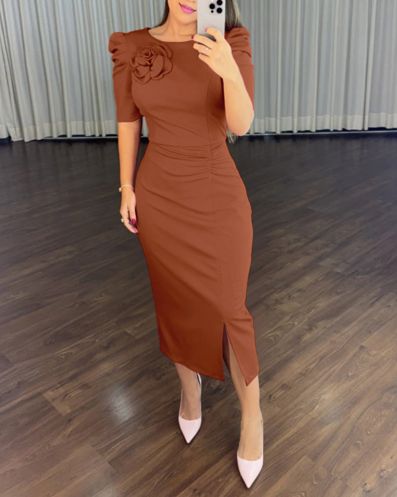 3D Flower Decor Round Neck Puff Sleeve Bodycon Dress Casual Ruched Slit Zipper Back Work Dress - Image 24
