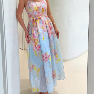 CHICME Women's Watercolor Floral Cami Dress Adjustable Straps High Waist A-Line Maxi Dress with Matching Belt