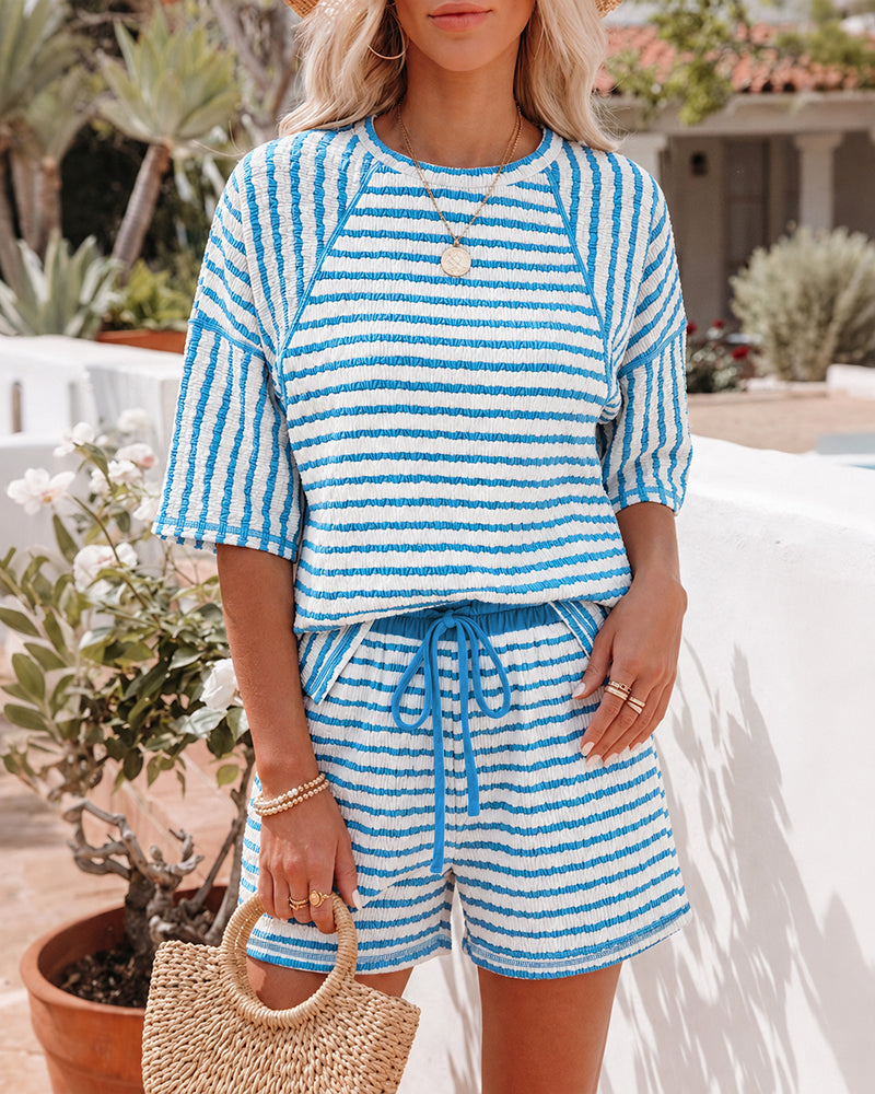 Women's Striped Textured 2 Piece Set Crewneck Raglan Half Sleeve Top and Elastic Drawstring Shorts Casual Loungewear - Image 3