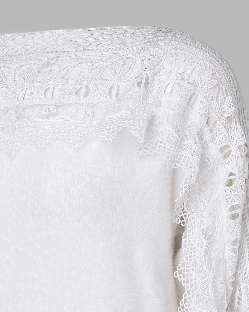 Crewneck Guipure Lace Long Sleeve Hollow Out Knit Sweaters Pullover Tops - Image 8