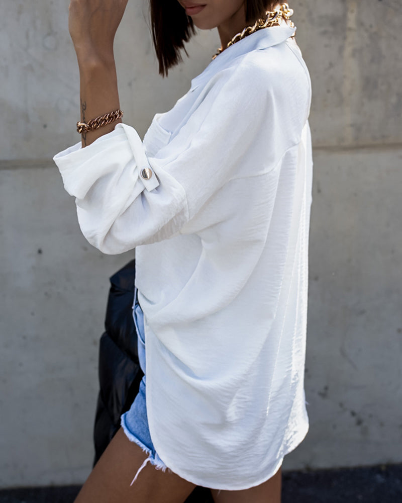 Metal Chain Decor Turn-down Collar Turn-Up Sleeves Front Button Shirt Casual Backless Asymmetrical Hem Top - Image 6
