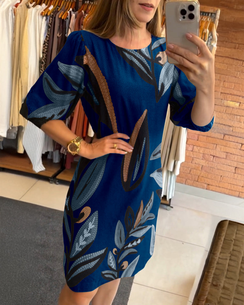 Plants Print Round Neck Half Sleeve Midi Dress - Image 10