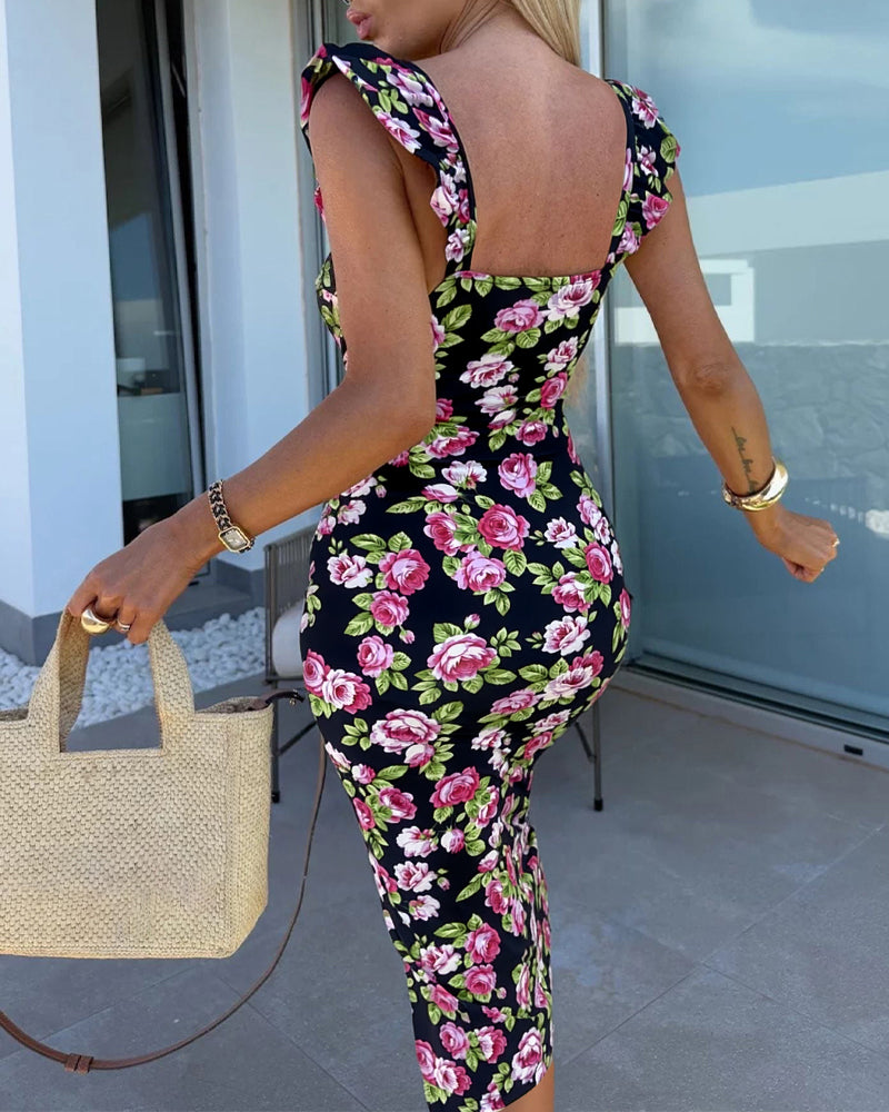 Women's Floral Midi Dress Sweetheart Neck Flutter Sleeve Side Slit Sundress Backless Vacation Dress with Built-In Bra - Image 2