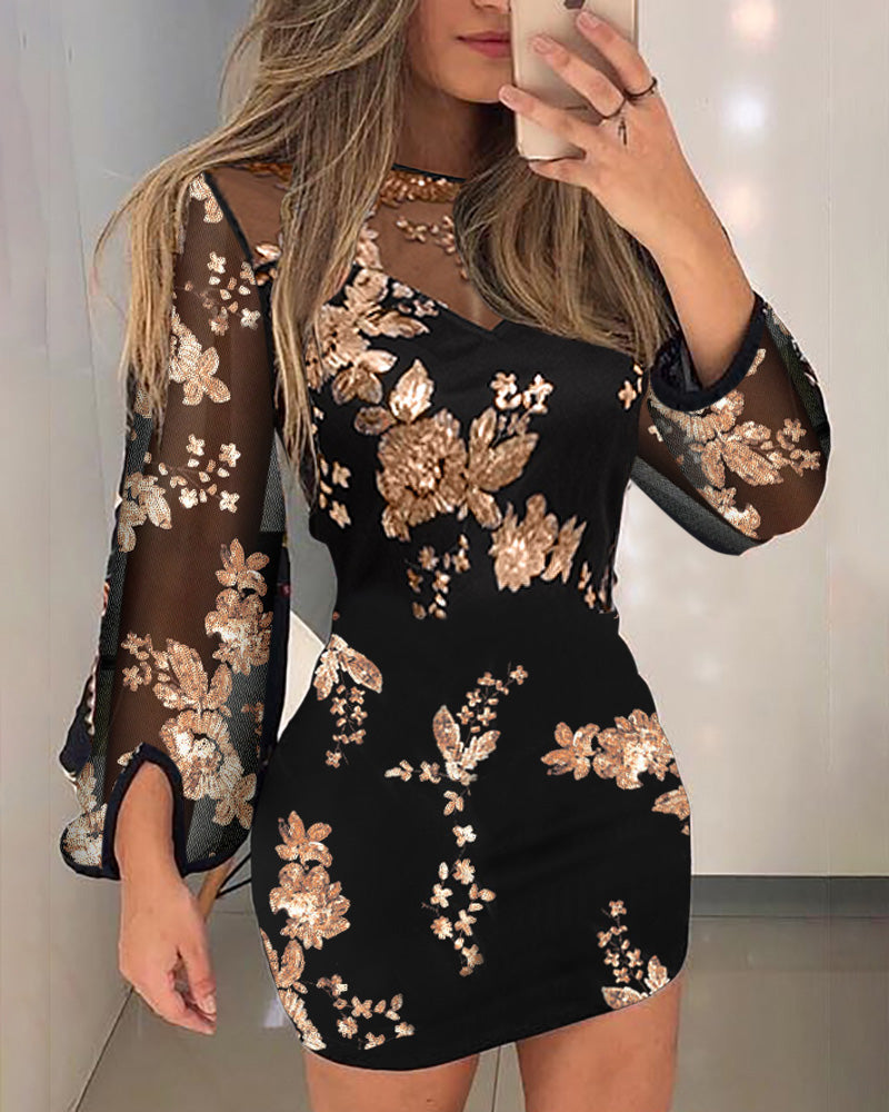 Floral Pattern Contrast Sequin Sheer Mesh Party Dress - Image 8