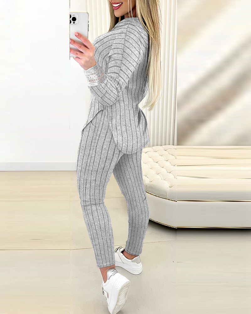 2 Pieces Outfit Drop Shoulder Lace Cuffs Asymmetrical Hem Drawstring Hoodie Top and Elastic Waist Slim Fit Pants Set Casual Brushed Ribbed Set - Image 11