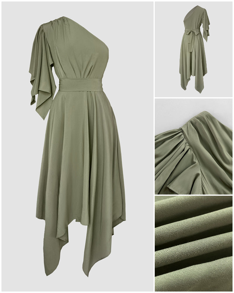 One Shoulder Asymmetrical Sleeve Bow Tie Party Dress Casual Zipper Side Cinched Waist Asymmetrical Hem Maxi Dress With Belt - Image 3
