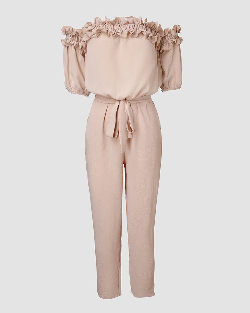 Frill Trim Off Shoulder Short Sleeve Tie Waist Overalls Casual Textured Jumpsuit - Image 3