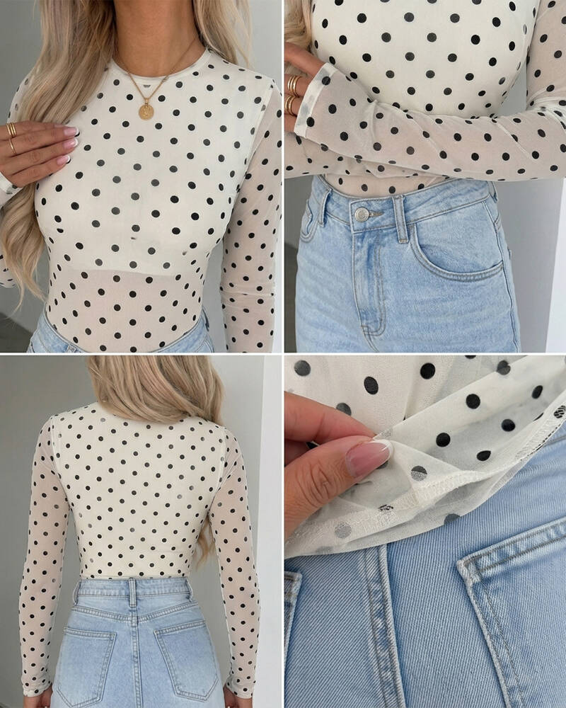 Women's Mesh Polka Dot Top Lined Sheer Long Sleeve Tee Crewneck Slim Fit Layering Under Base Top with Thumbholes - Image 3