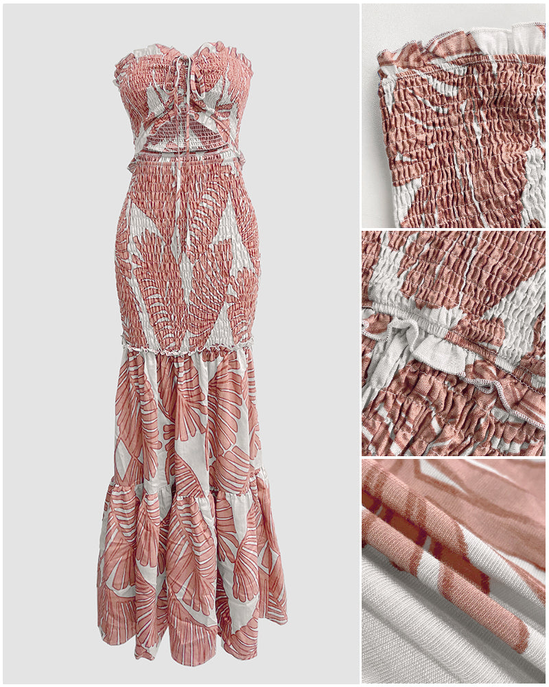 Tropical Print Halter Tie Shirred Frill Trim Cinched Waist Vacation Dress Ruched Cutout Front Slim Fit Ruffle Hem Mermaid Dress - Image 21
