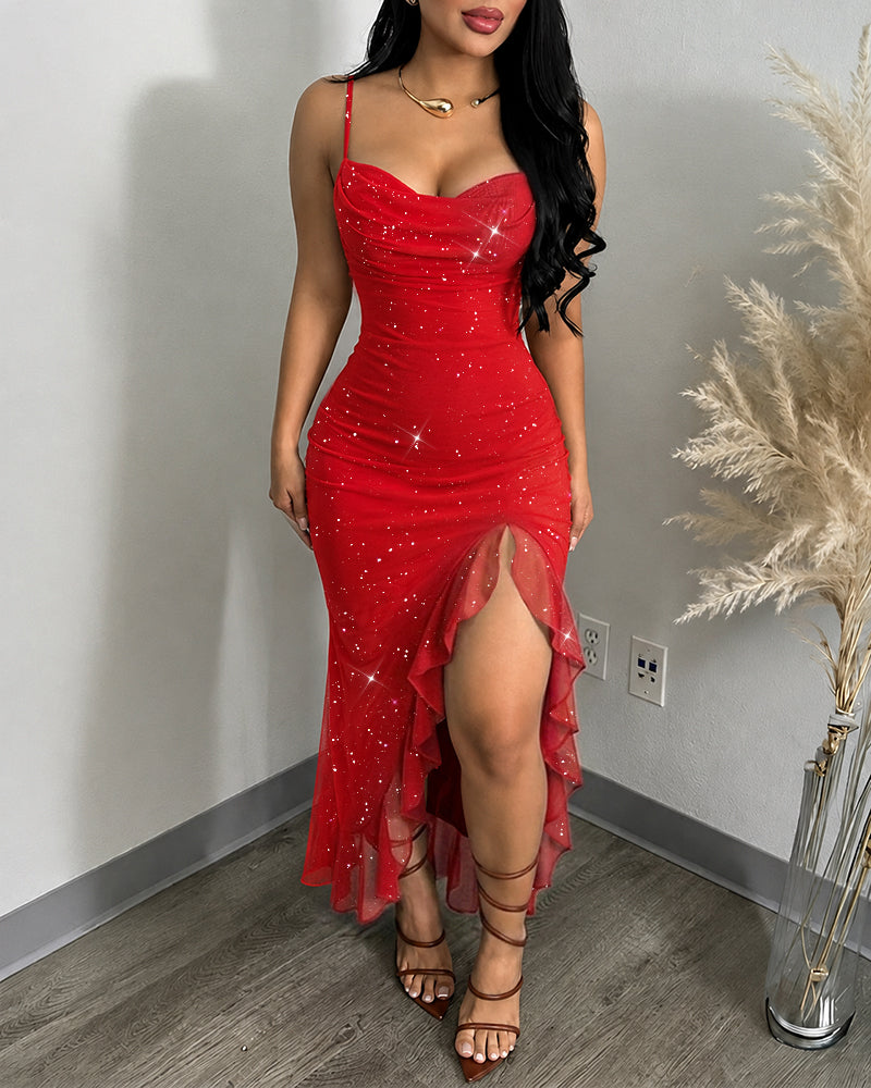 Women's Glitter Mesh Cami Dress Cowl Neck Slit Mermaid Dress Backless Ruffle Hem Party Dress with Built-In Bra - Image 3