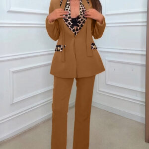 2 Pieces Outfit Metal Decor Leopard Print Spliced Shawl Collar Single Breasted Flap Detail Coat and Zipper Fly Pants Set Casual Blazer Set with Utility Belt