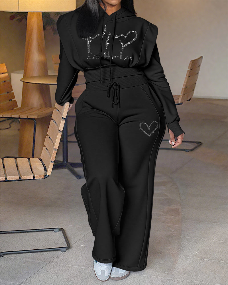 2 Pieces Outfit Rhinestone Graphic & Letter Pattern 3D Design Crop Drawstring Hoodie Sweatshirt and Casual Drawstring Elastic Waist Wide Leg Sweatpants Set - Image 4