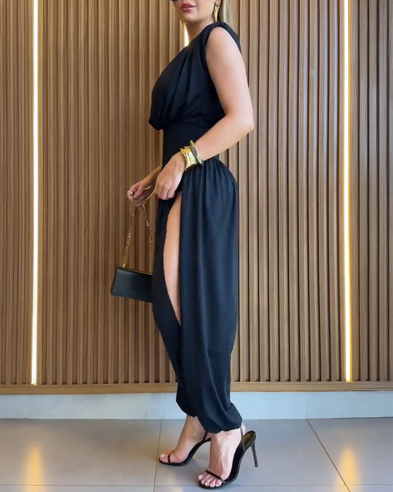 Padded Shoulders Sleeveless Cinched Waist Side High Slit Overalls Casual Hollow-out Back Ruched Jumpsuit - Image 3
