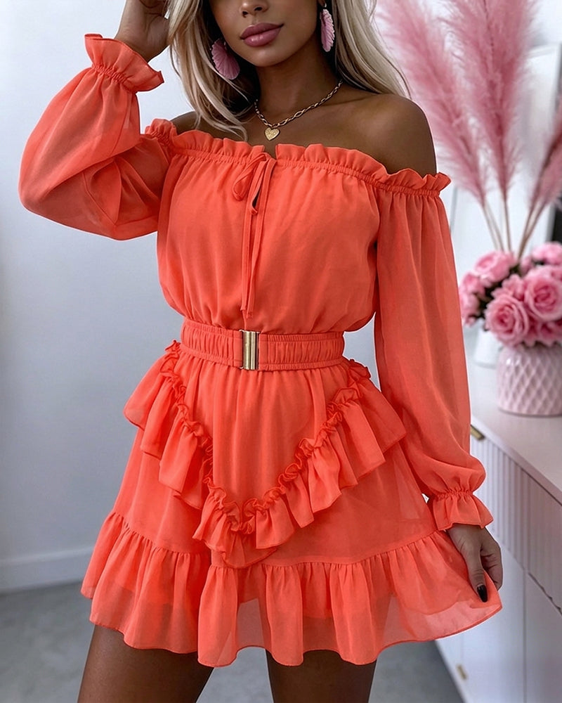 Women's Off Shoulder Frill Trim Mini A Line Dress Flowy Chiffon Ruffle Hem Party Dress with Belt & Built-In Shorts - Image 4