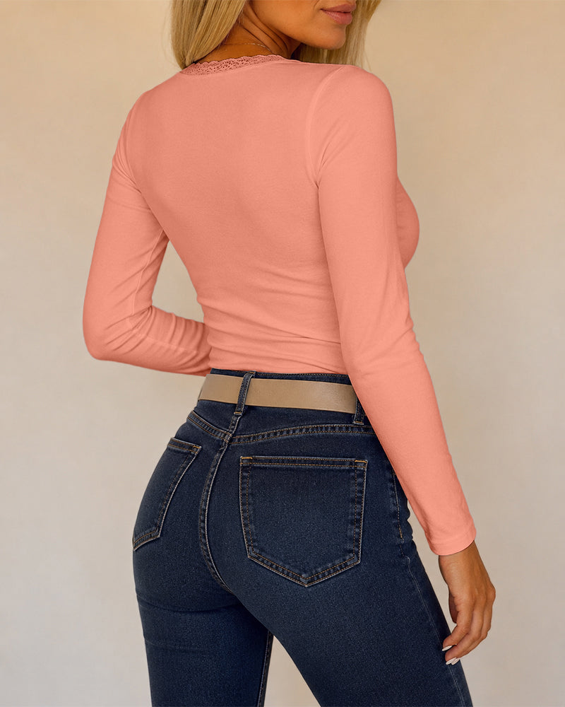 Women's Lace V Neck Ruched T Shirt Slim Fit Long Sleeve Tee Casual Elegant Top - Image 22