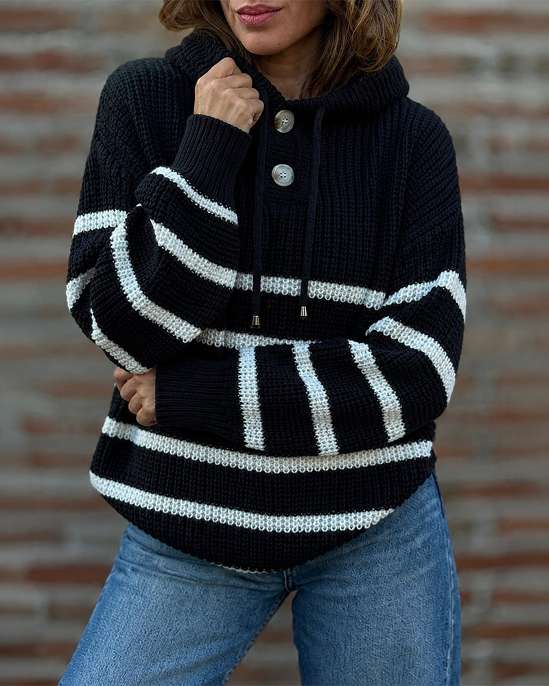 Women's Striped Henley Drawstring Hooded Sweater Loose Fit Lantern Sleeve Knit Pullover - Image 13