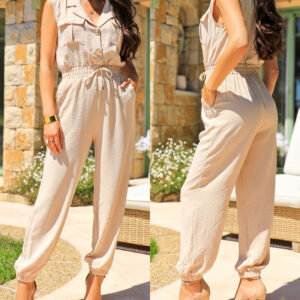 Notched Collar Sleeveless Button Front Stretchy Drawstring Waist Overalls Casual Flap Pockets Design Cuffed Jumpsuit