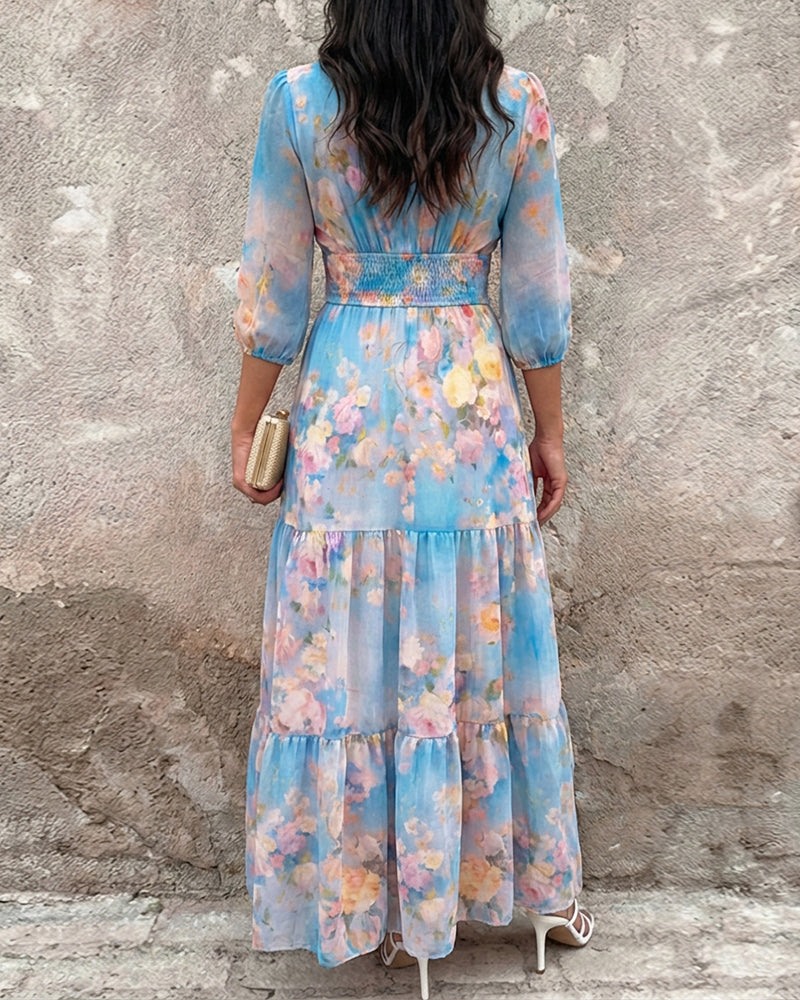 CHICME Women's Watercolor Floral V-Neck Shirred High Waist Maxi Dress Three Quarters Lantern Sleeve A-Line Ruffle Hem Chiffon Vacation Dress - Image 2