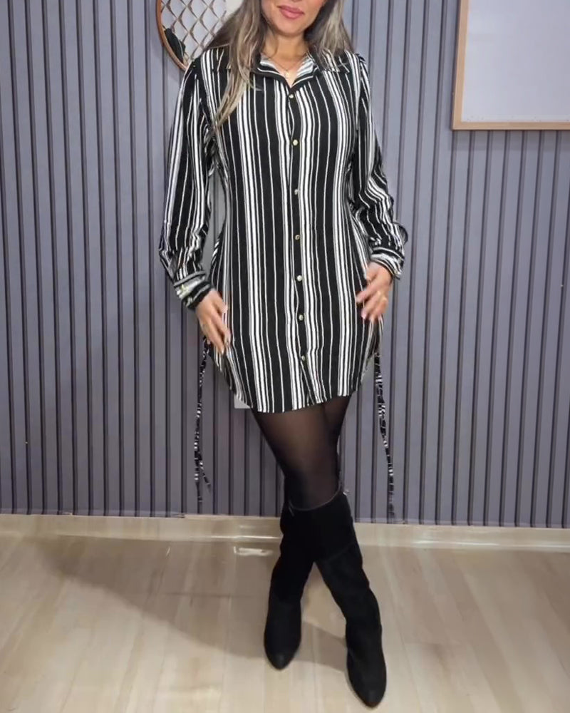 Women's Striped Shirt Dress Button Down Long Sleeve Shirred Waist Casual Dress - Image 9