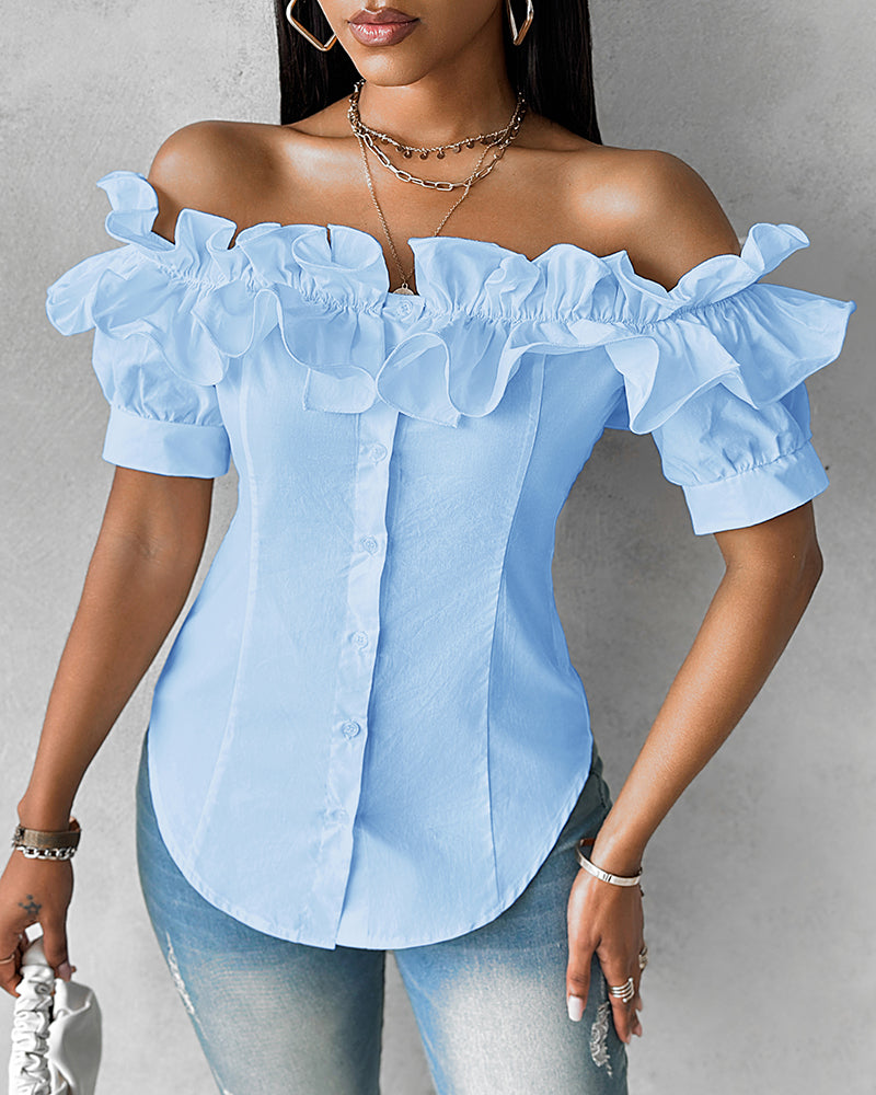 Ruffles Off Shoulder Short Sleeve Button Front Blouse Asymmetrical Hem Top - Image 14