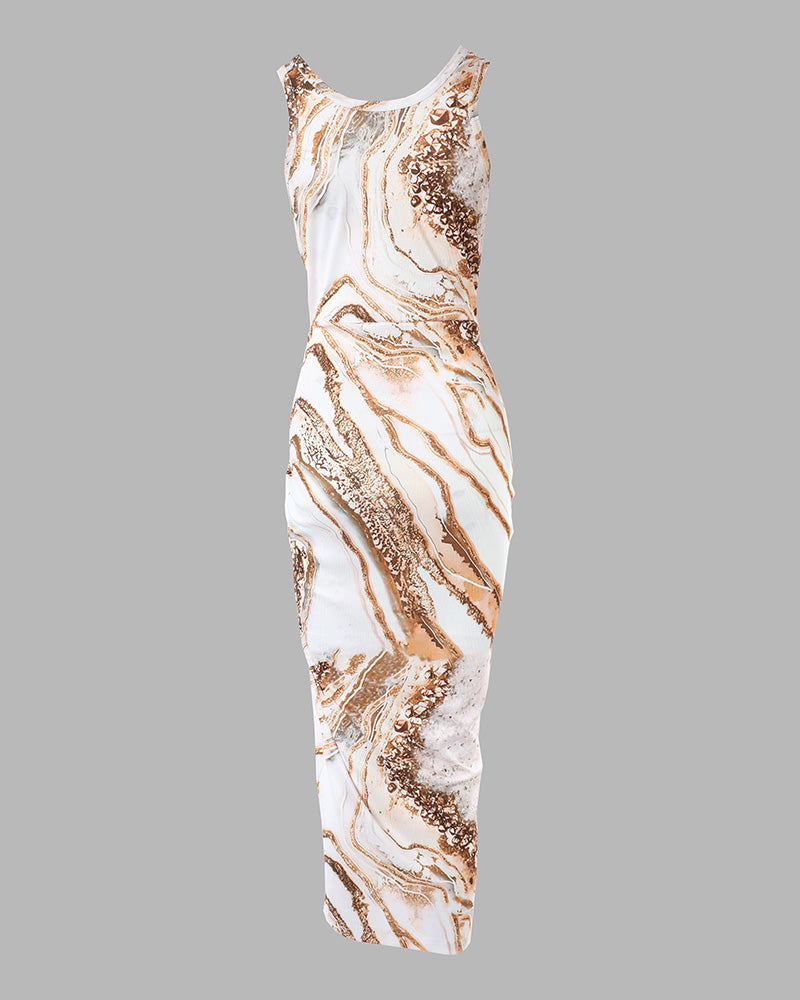 Marble Print U-Neck Sleeveless Ribbed Dress Casual Drawstring Ruched High Slit Vacation Dress - Image 6