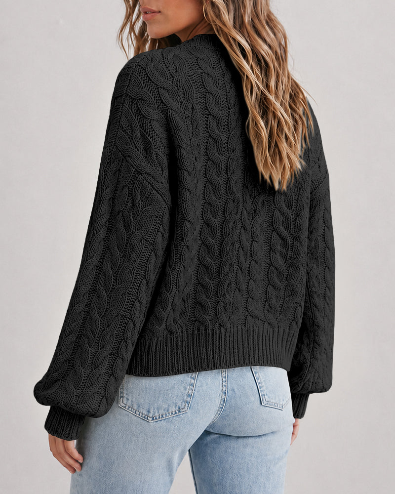 Women's Cable Knit Cardigan V Neck Button Down Chunky Knit Sweater Loose Lantern Sleeve Warm Outerwear - Image 13
