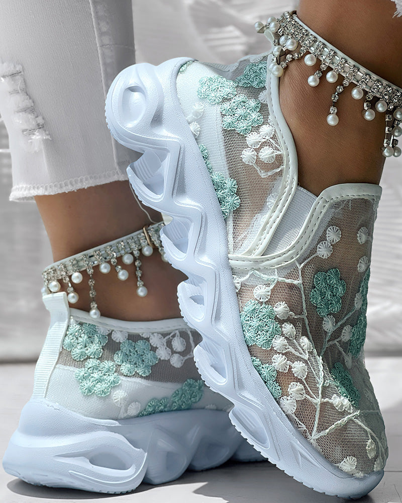 Floral Pattern Sheer Mesh Patch Round Toe Sneakers - Image 16