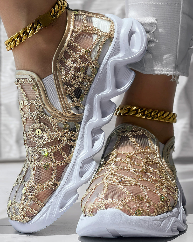 Contrast Sequin Sheer Mesh Patch Breathable Sneakers - Image 2