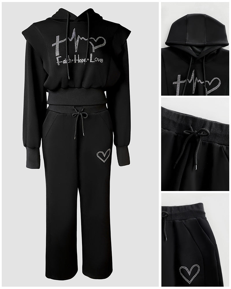 2 Pieces Outfit Rhinestone Graphic & Letter Pattern 3D Design Crop Drawstring Hoodie Sweatshirt and Casual Drawstring Elastic Waist Wide Leg Sweatpants Set - Image 5
