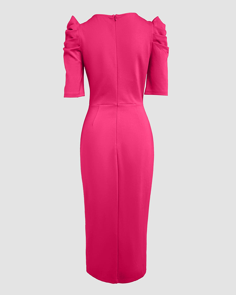 3D Flower Decor Round Neck Puff Sleeve Bodycon Dress Casual Ruched Slit Zipper Back Work Dress - Image 5