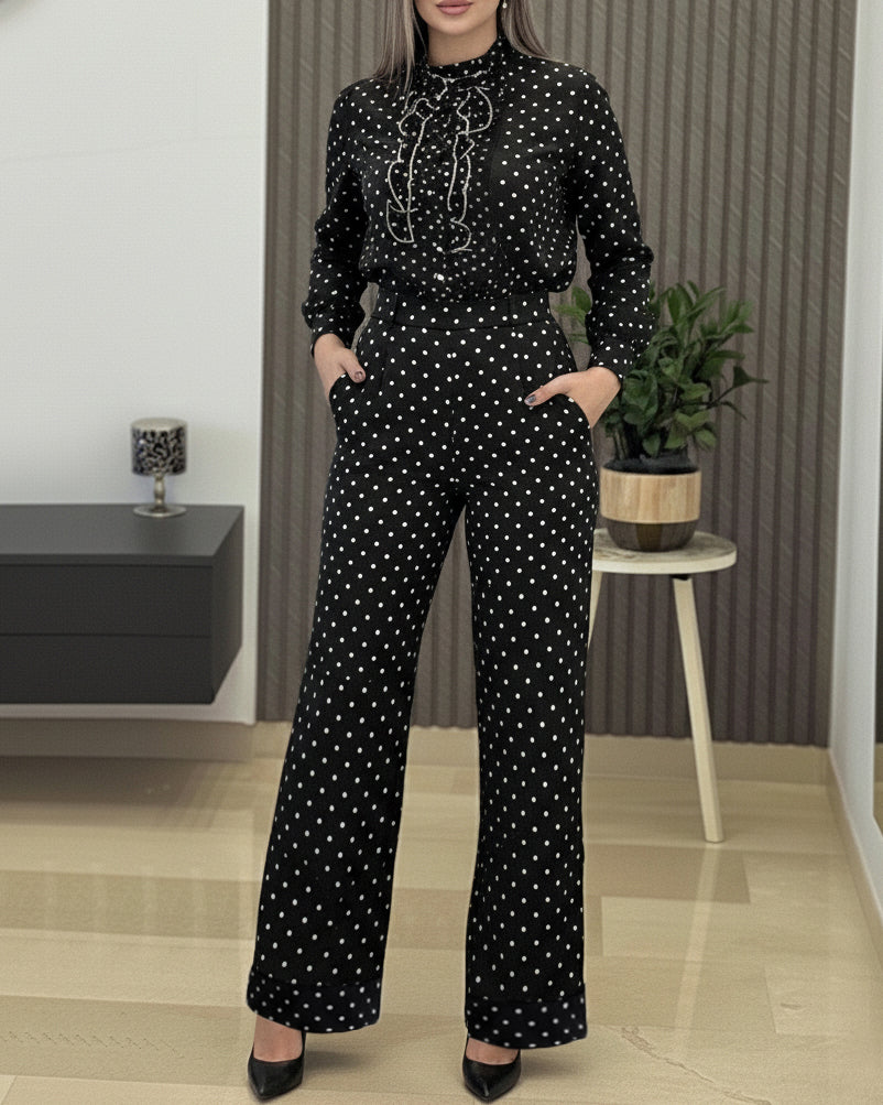 2 Pieces Outfit Stand Collar Button Front Ruffles Spliced Top and High Waist Straight Leg Pants Set Casual Polka Dot Print Commuting Set - Image 4