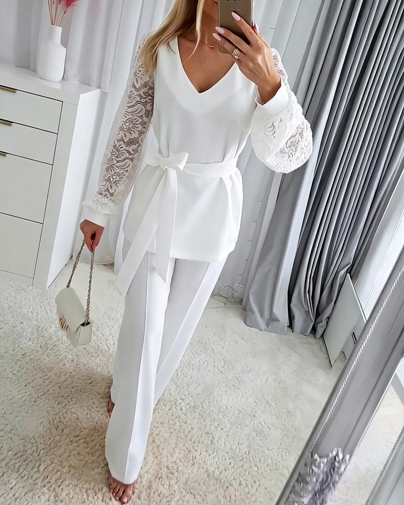 Women's Two Piece Outfits V-Neck Lace Long Sleeve Top and Wide Leg Pants Set Elegant Matching Set with Belt - Image 3