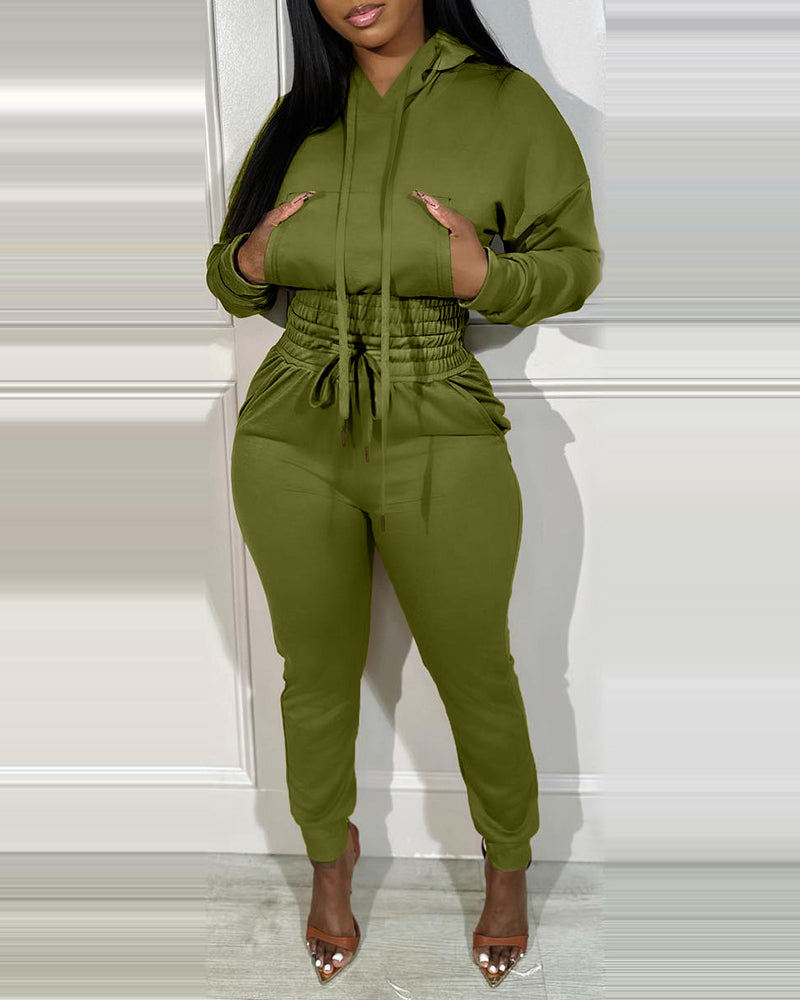 2 Pieces Outfit Drop Shoulder Kangaroo Pocket Stretchy Hem Crop Drawstring Hoodie Sweatshirt And Drawstring Elastic Waist Jogger Sweatpants Casual Tracksuit - Image 12