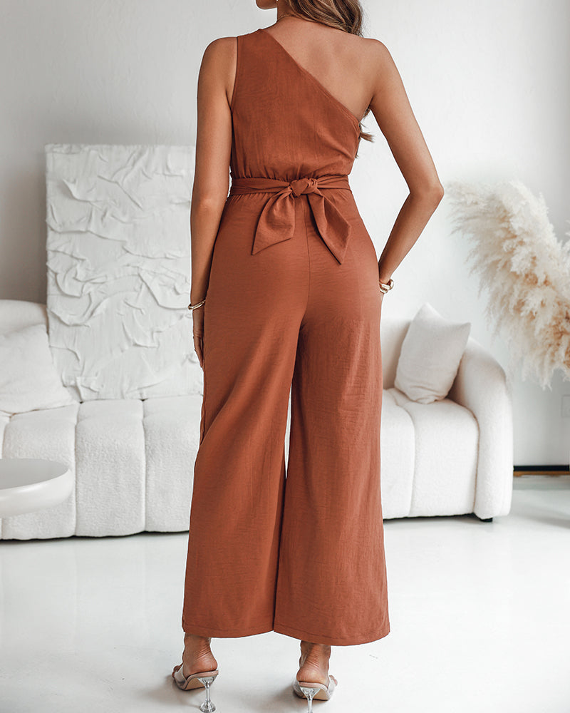 One Shoulder Sleeveless Ruched Cinched Waist Zipper Side Overalls Tied Detail Elastic Waist Wide Leg Jumpsuit - Image 7
