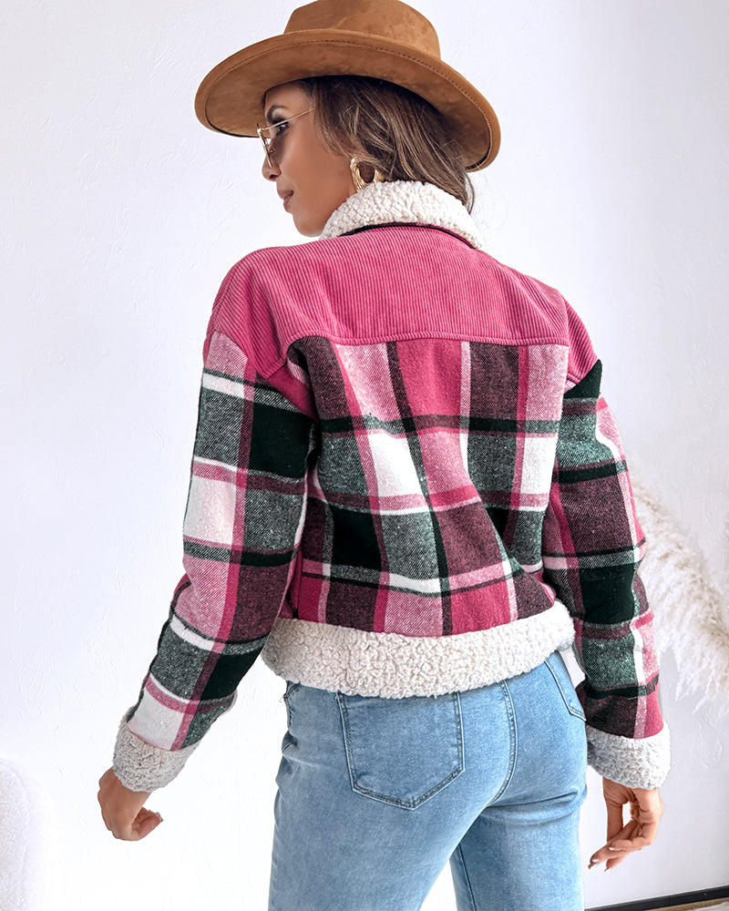 Vintage Plaid Print Corduroy Spliced Turn-down Collar Button Front Thermal Lined Jacket Casual Flap Detail Faux Shearling Trim Crop Warm Coat - Image 6