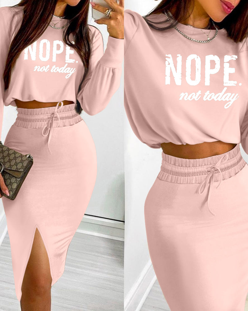 2 Pieces Outfit NOPE. not today Slogan Print Long Sleeve Stretchy Hem Crop Top and High Waist Drawstring Elastic Waist Slit Casual Skirt Set - Image 7