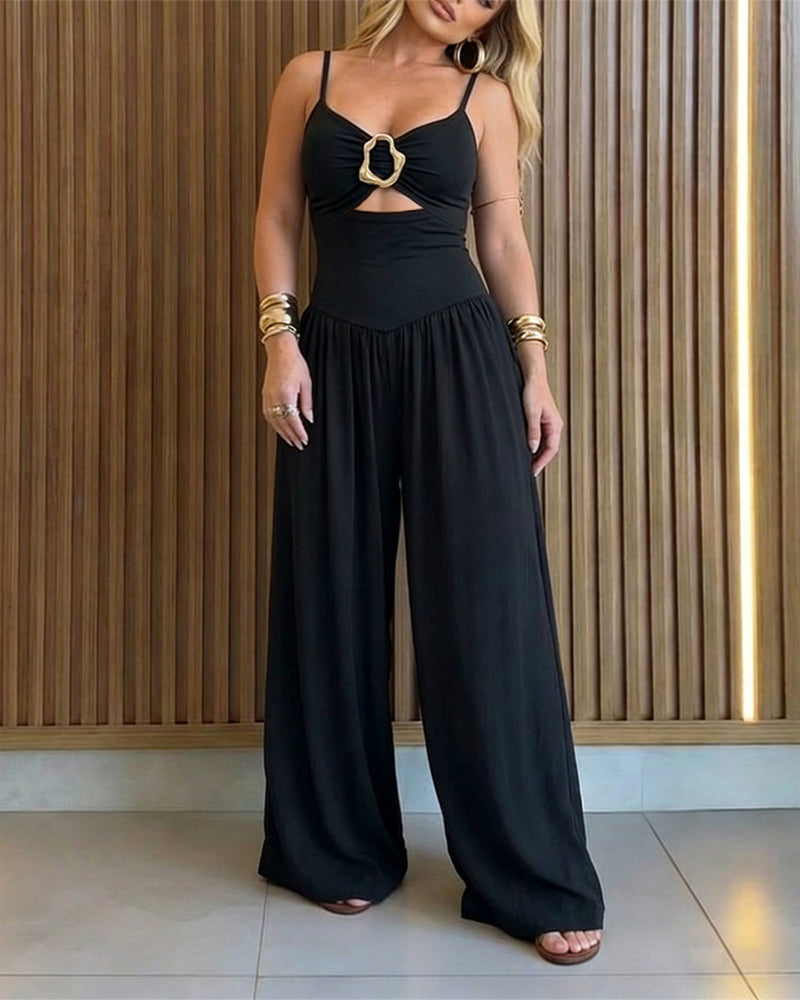 Women's Gold Ring Hollow Out Wide Leg Jumpsuit Backless Adjustable Strap Romper Elegant Party Jumpsuit - Image 4