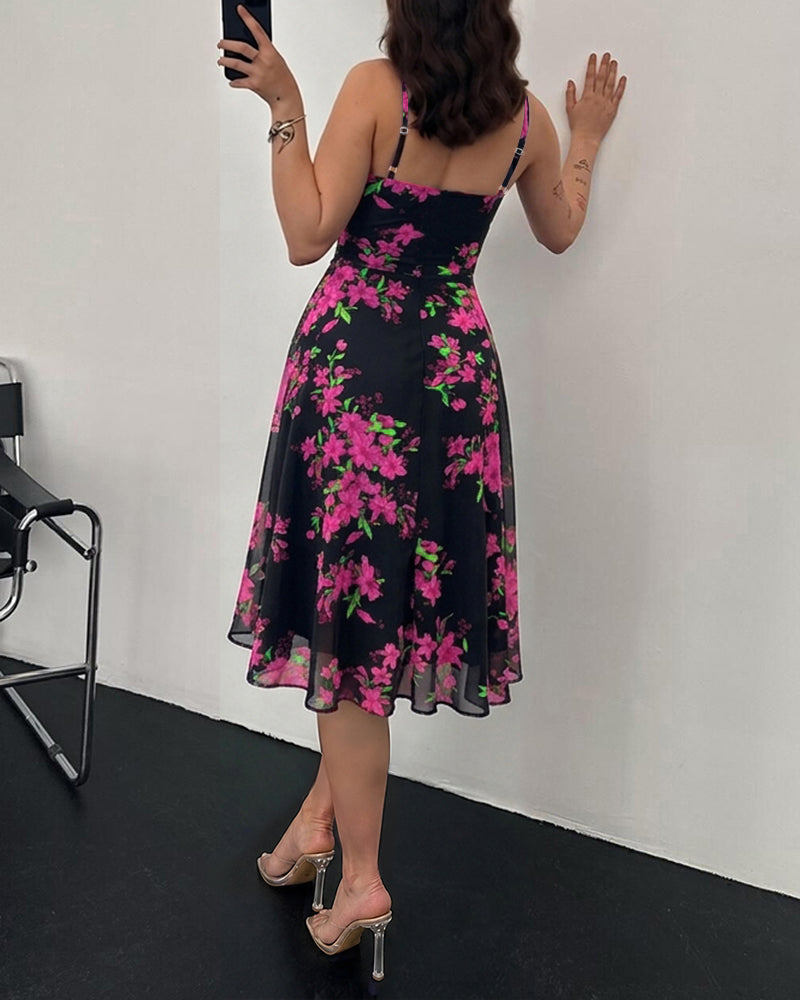 Women's Floral Print Cowl Neck Cami Dress High Waisted Sheer Mesh Overlay A-Line Dress Elegant Backless Flowy Party Dress - Image 2