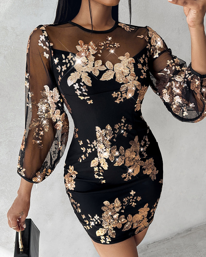 Floral Pattern Contrast Sequin Sheer Mesh Party Dress - Image 4