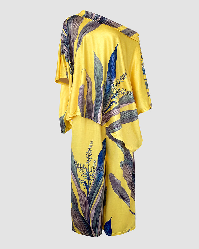 2 Pieces Outfit Plants Print Cold Shoulder Batwing Sleeve Top and Casual Wide Leg Pants Set - Image 4