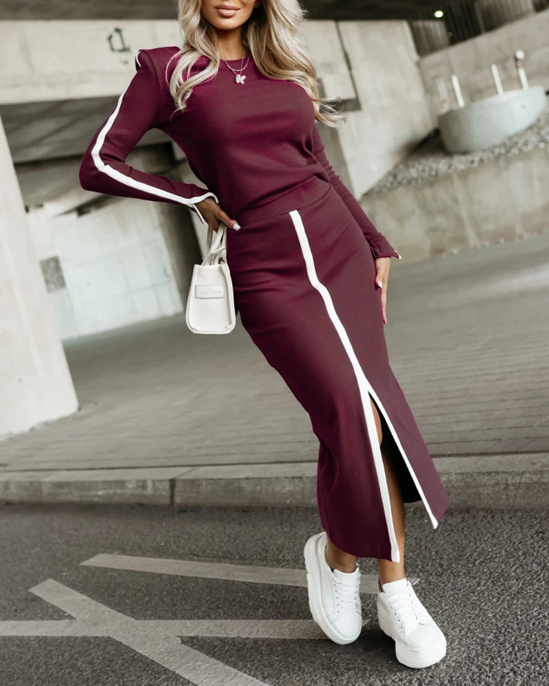 2 Pieces Outfit O-Neck Long Sleeve Slit Cuffs Pullover Top and Elastic Waist Slit Front Skirt Set Casual Contrast Striped Set - Image 3