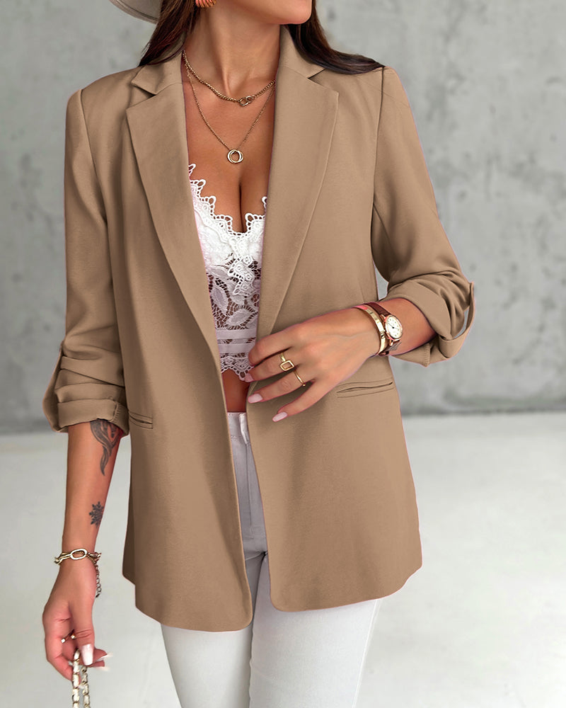 Notched Collar Roll Up Sleeve Blazer Coat - Image 10