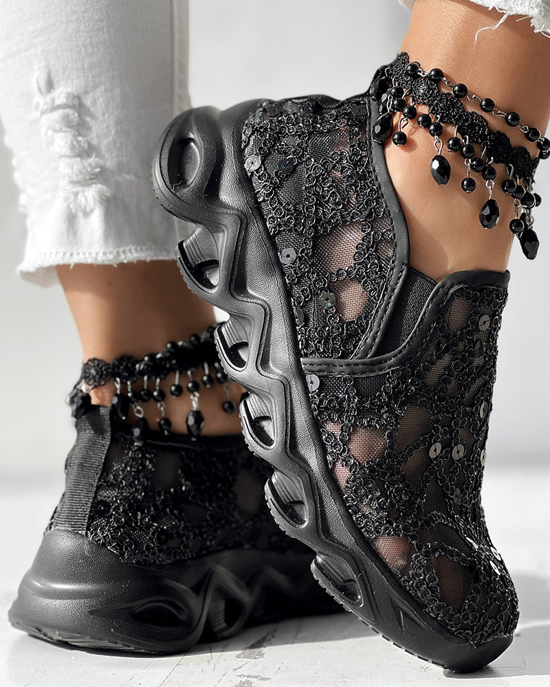 Contrast Sequin Sheer Mesh Patch Breathable Sneakers - Image 19