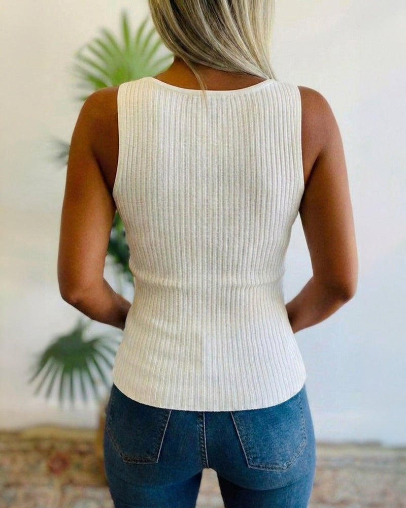 Rhinestone Decor U-Neck Sleeveless Tee Slim Fit Backless Ribbed Tank Top - Image 6