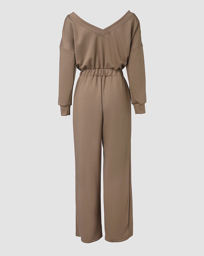 Off Shoulder V Back Elastic Waist Pockets Design Jumpsuit Casual Drop Shoulder Cinched Waist Wide Leg Jumpsuit - Image 4