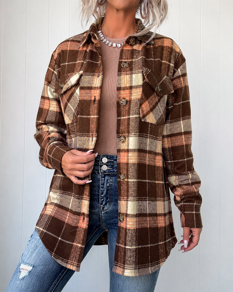 Women's Plaid Long Sleeve Button Down Brushed Shacket Casual Turn-down Collar Coat - Image 6